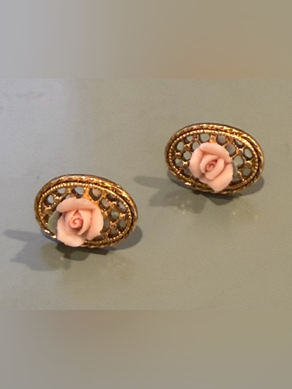🌹 1928 Jewelry Porcelain Rose Filigree Earrings | Gold Tone | Romantic